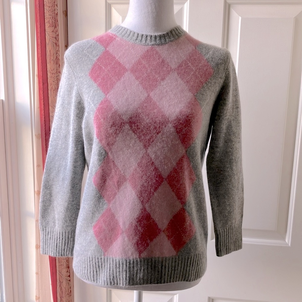 J. Crew Pullover Women’s Wool/Angora Blend Argyle Sweater Gray/Pink Size L